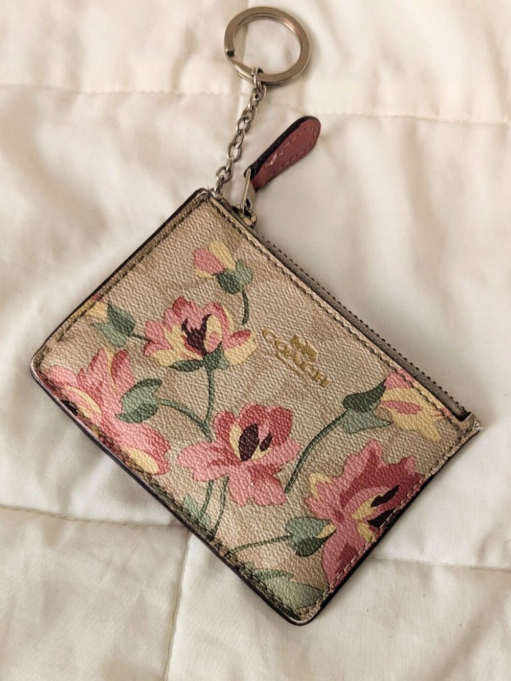 Coach Mini Skinny ID Card Case Key Coin Purse Lily Print Khaki Signature Canvas - Picture 5 of 5